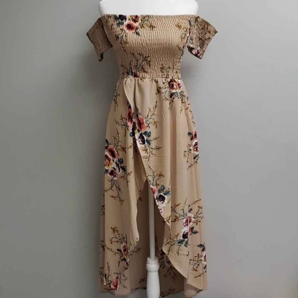 Boutique floral high-low off the shoulder dress